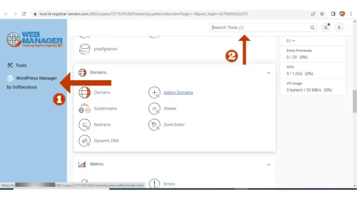 cPanel sidebar with WordPress Manager by Softaculous and the Search Tools bar marked by arrows