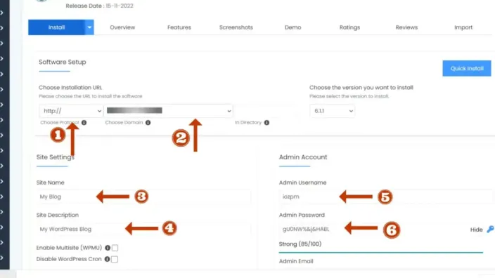 Softaculous install form with numbered arrows on protocol, domain, site name and admin fields