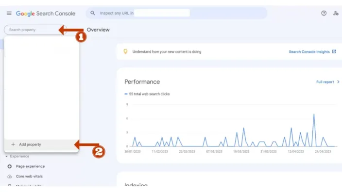 Google Search Console overview with the property list open and an arrow at the Add property button