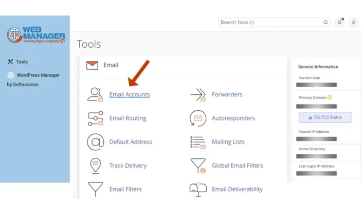 cPanel Tools page with an arrow pointing to the Email Accounts icon