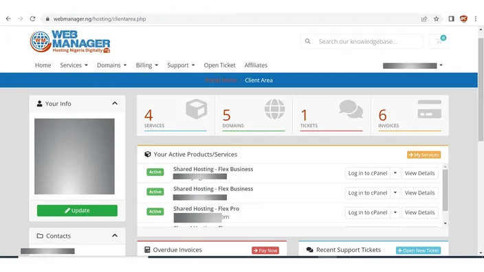 Client area dashboard listing active hosting services with the Log in to cPanel buttons