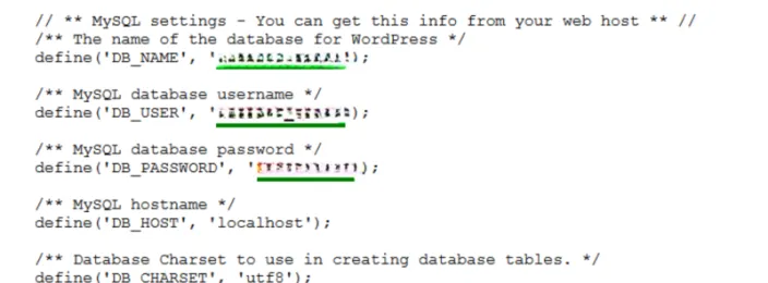 wp-config.php MySQL settings block with the DB_NAME, DB_USER and DB_PASSWORD lines highlighted