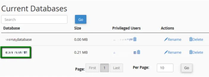 cPanel Current Databases list with one database name highlighted