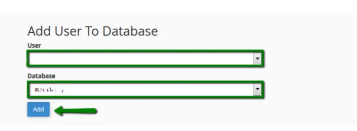 Add User To Database form with the User and Database dropdowns and the Add button
