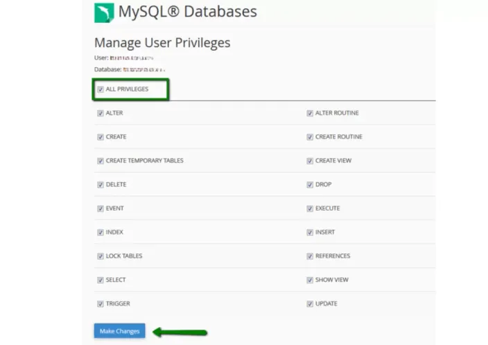 MySQL Databases Manage User Privileges page with ALL PRIVILEGES ticked and the Make Changes button