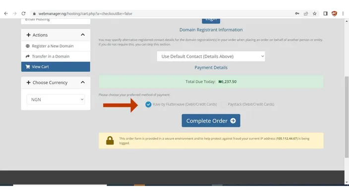 Checkout payment step with a card payment option selected and the Complete Order button