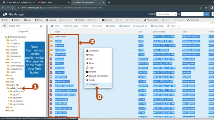 cPanel File Manager with public_html open and the right-click menu showing the Compress option