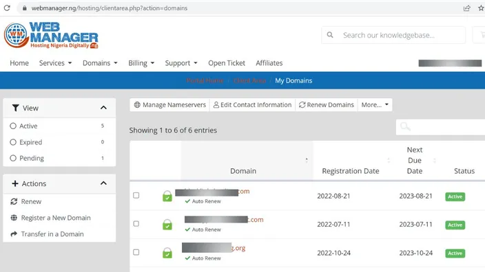 Client area My Domains list showing registered domains with their registration and due dates