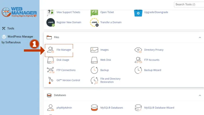 cPanel Files section with an arrow pointing at the File Manager icon