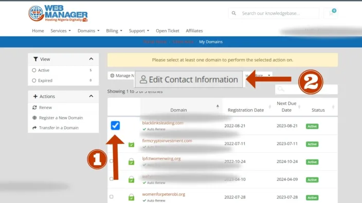 My Domains list with a domain selected and an arrow pointing to Edit Contact Information