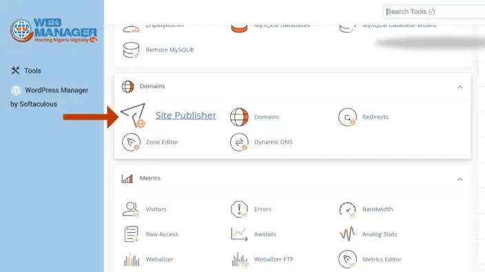cPanel Domains section with an arrow pointing at the Site Publisher icon