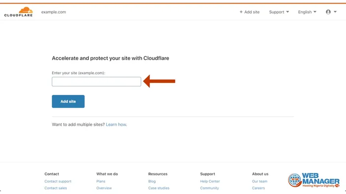 Cloudflare Add site screen with an arrow pointing at the field where you enter your domain name
