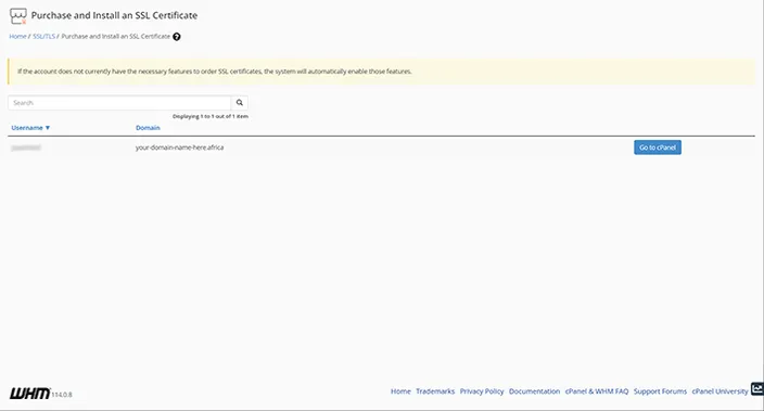 WHM Purchase and Install an SSL Certificate Dashboard