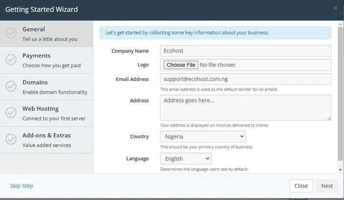whmcs getting started wizard, general settings