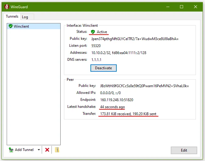 Windows WireGuard tunnel Active