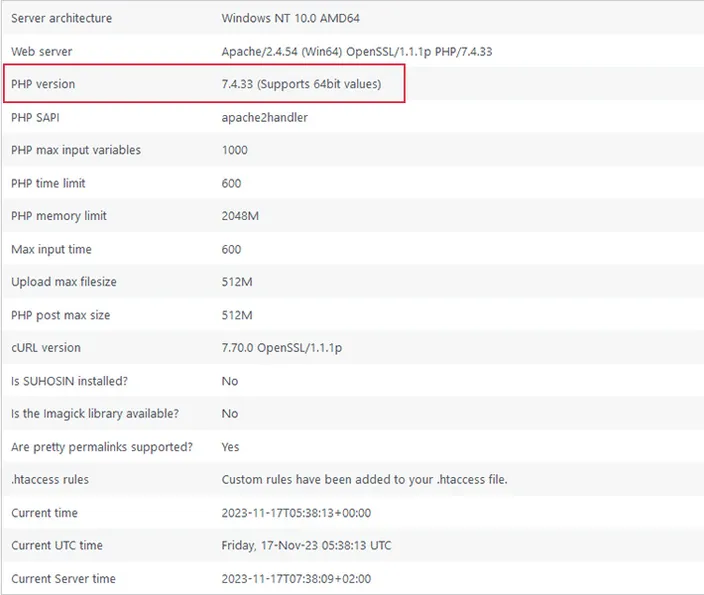PHP version in WordPress