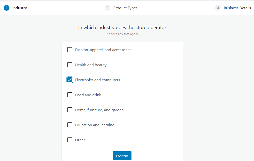 screenshot Form for store industry selection