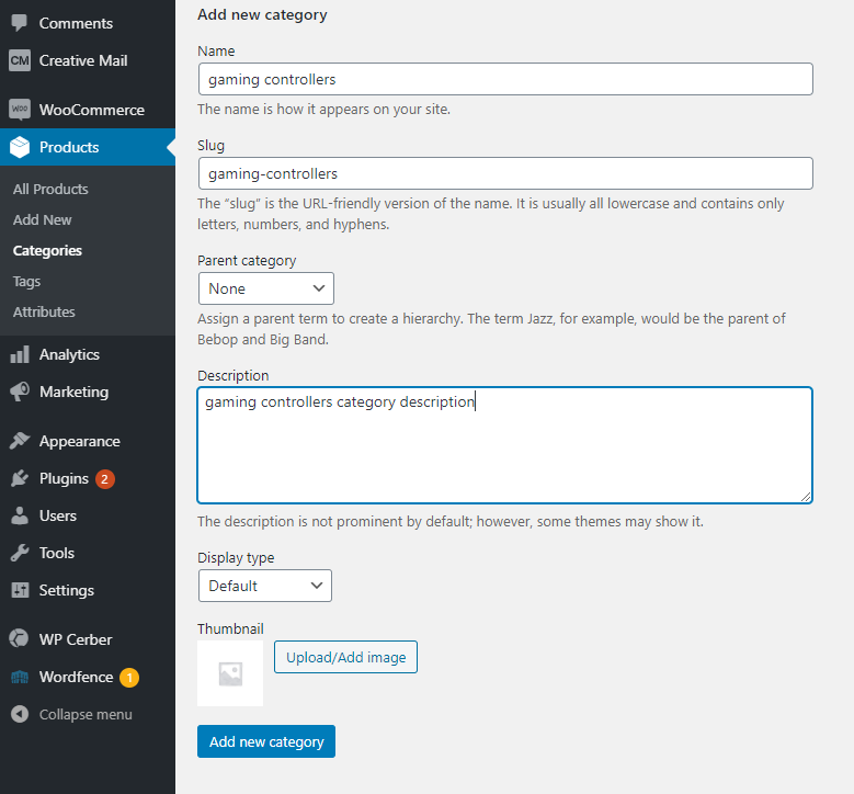 screenshot WordPress admin dashboard side menu WooCommerce Products category form