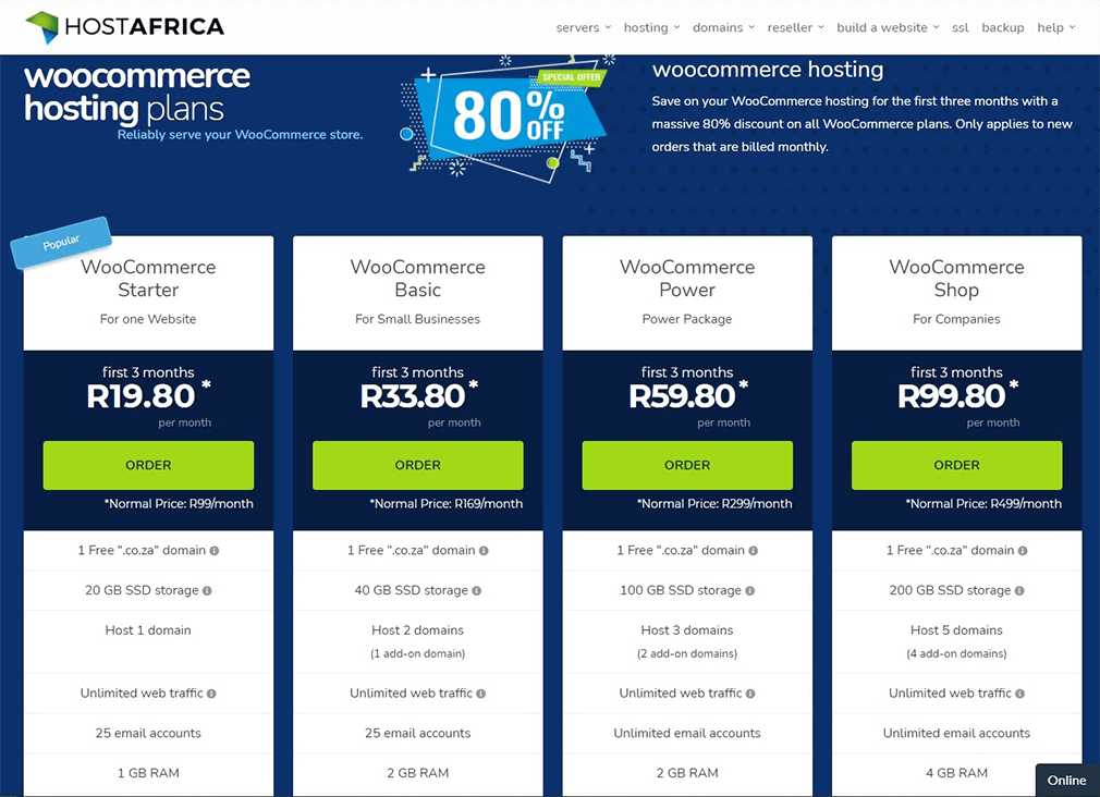 hostafrica woocommerce hosting plans pricing table