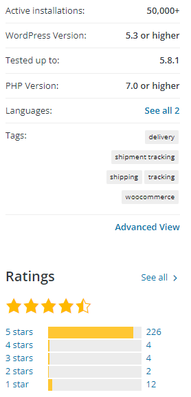 Advanced Shipment Tracking for WooCommerce key specs from WordPress
