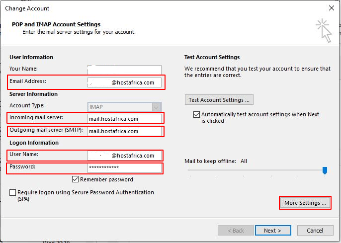outlook pop and imap account settings