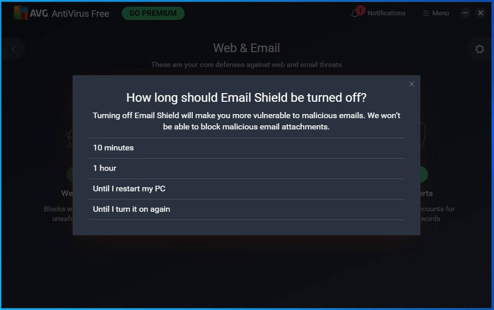 AVG how long should email shield be turned off?