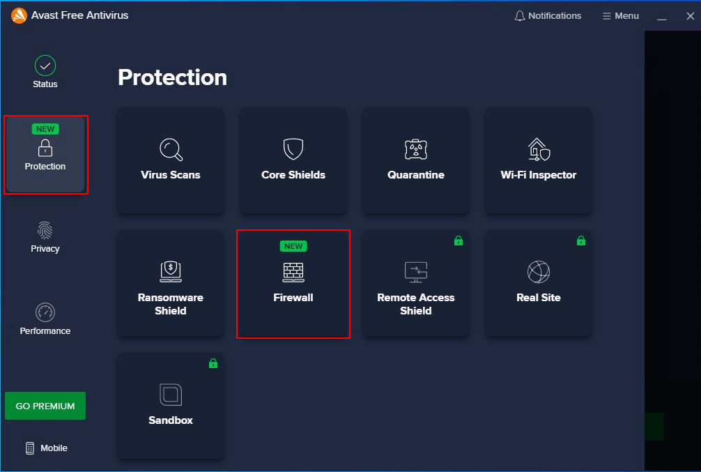 Avast antivirus protection tab firewall card