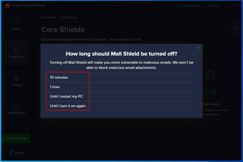 Avast how long should Mail Shield be turned off?
