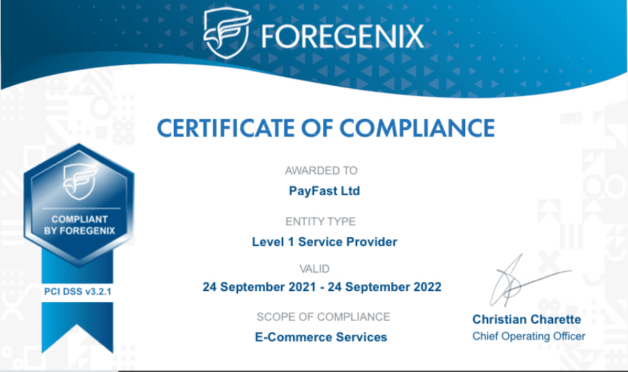 PayFast's certificate of PCI Compliance