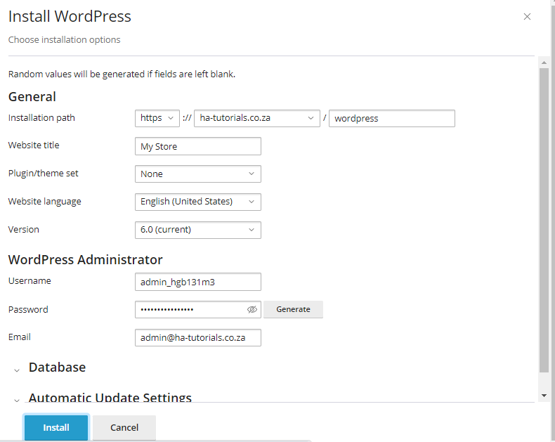 The options for WordPress after choosing to install via cPanel