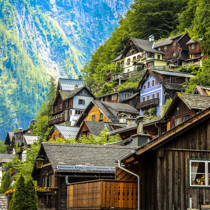 Austrian village on the side of a mountain