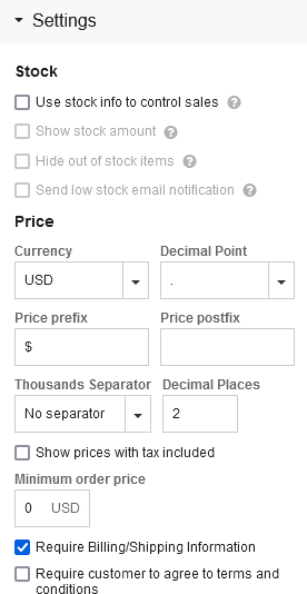 This tab allows you to change the currency and other shop settings you want displayed on your online store