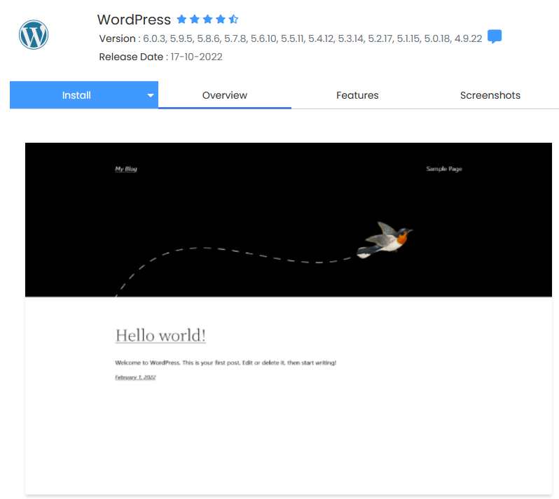 WordPress install page from Softaculous installer